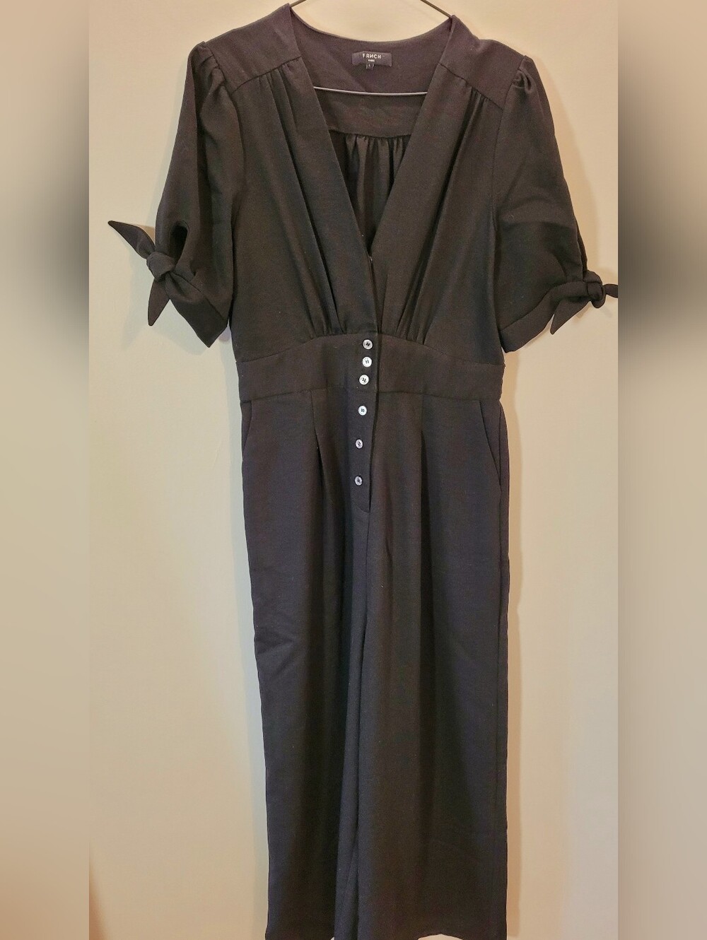 FRNCH Paris Black Short Wrap Bow Sleeve Button-Front Jumpsuit - Size L - Picture 3 of 9